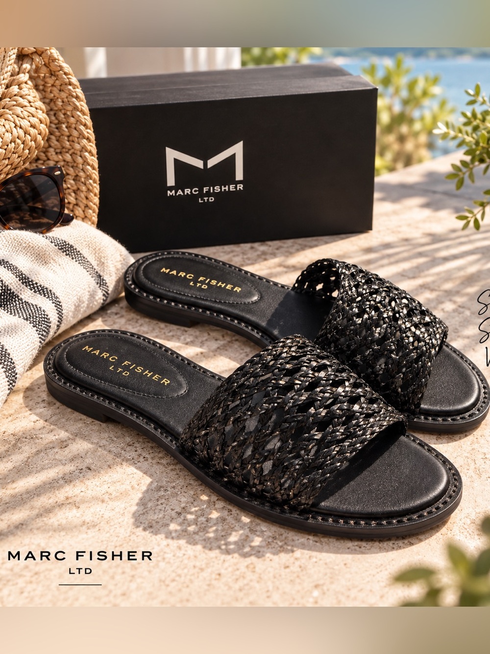 Marc Fisher Glynne Woven Slide Sandals Black 8M NIB miGlynne